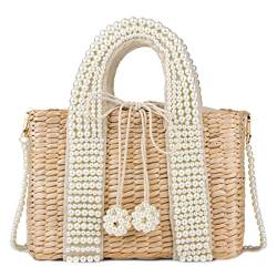 FGVHJOJXA Perle Rattan Frauen Handtaschen Perlen Wicker gewebt Umhängetaschen Luxus Sommer Strand Strohbeutel Große Tote Körbe von FGVHJOJXA