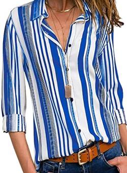 FIYOTE Damen Hemd Lose Langarmshirt Tops Bluse Elegant V-Ausschnitt Gestreift Hemden Langarm Casual Arbeit Oberteile mit Knöpfen B-Hellblau S von FIYOTE