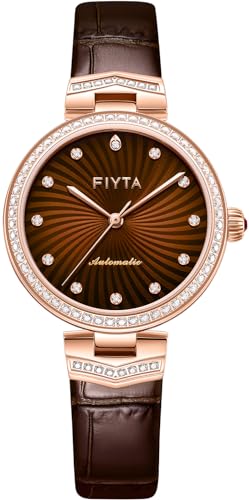 FIYTA Klassische Diamant-Automatikuhr für Damen, 3 Zeiger, minimalistisches großes Zifferblatt, synthetisches Saphirglas, Lederband, 32 mm, Braun, 32MM, Heartouching von FIYTA