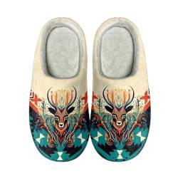 Cozy House Slipper für Damen und Herren, bequeme flauschige Flanell-Hausschuhe für drinnen und draußen, waschbar, warmer Schlaf, Memory-Schaum, offener Rücken, Aztekisches Hirschgrün und gebrochenes von FJAUOQ