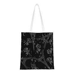 Schwarze Wald blaue Pfauenfedern Canvas Tragetasche für Frauen, wiederverwendbare Einkaufstaschen, Reisetaschen für Arbeit, Reisen, Einkaufen, Schwarzer Eiffelturm, Einheitsgröße, Canvas & Beach Tote Bag von FJAUOQ