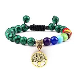 FKONGD Kristall Armband, Natürliche Edelstein-Armbänder Mit 7 Chakras, Verstellbare Modische Armreifen Mit Reiki-Perlen Aus Malachit, Mit Goldenem Lebensbaum-Anhänger, Energie-Edelstein-Armbänder von FKONGD