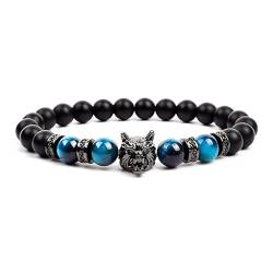 Naturstein Armband Damen, Armband Aus Natürlichem Edelstein Und Mattem Achatkristall, Blaues Tigerauge, Wolfsanhänger, Reiki-Quarzkristall, Elastisches Armband, Energie-Edelsteinarmbänder Für Fr von FKONGD