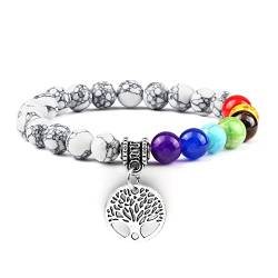 Naturstein Armband Damen, Natürliche Edelstein-Armbänder Mit 7 Chakras, Modische Armreifen Aus Schwarzen Kiefernholzperlen Mit Reiki-Perlen, Mit Silbernem Lebensbaum-Anhänger, Energie-Edelstein-A von FKONGD