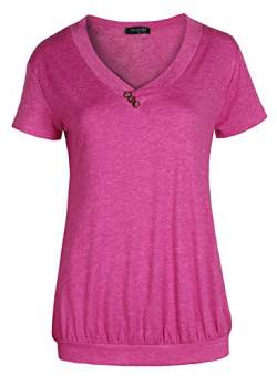 FLEASEE Damen T-Shirt Lässig Kurzarm Basic Tee V-Ausschnitt Shirts Stretch Falten Tunika mit Knöpfen Allover Minimal Druck Sommer Oberteile Tops, Rosarot, XL von FLEASEE