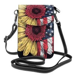 FLYIFE Sunflower Umhängetasche mit amerikanischer Flagge, bedruckt, mit Klappe, Leder, Handytasche, Geldbörse, kleine Umhängetasche für Mädchen und Frauen, Schwarz , Einheitsgröße von FLYIFE