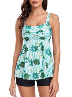 FLYILY Damen 2-Teilige Tankini Sets Vordere Drehung Tankini Top mit Boyshorts Tummy Control Bauchweg Bademode(GreenTree,M) von FLYILY