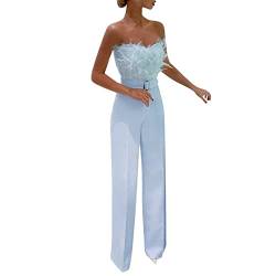 FNKDOR Schlicht Jumpsuit Damen Elegant Sommer Trägerlos Feder Bandeau Overalls Weites Bein Romper mit Gürtel von FNKDOR