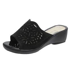 FNKDOR Sommer Peep-Toe Pantoletten Damen Keilabsatz Glitzer Strasssteine Kunstleder Hausschuhe (Black, 39) von FNKDOR