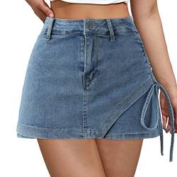 Jeans Hosenrock Damen Kurz Sommer Hohe Taille A Linie Jeansrock mit Seitlicher Kordelzug von FNKDOR