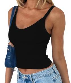 FOFAINWE Damen Sommer gerippt V-Ausschnitt rückenfrei beschnitten Tank Top ärmellos Ausgehen Y2k Tank Tops(Schwarz,S) von FOFAINWE