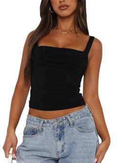 FOFAINWE Damen rückenfreie Geraffte Tank Tops ärmellose quadratischer Ausschnitt Ausgehen Top Riemchen Enge Slim Fit Cute Crop Top(Schwarz,L) von FOFAINWE