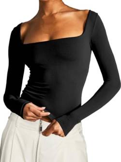 FOFAINWE Quadratischer Hals Langarmshirt Für Damen - Ausgehen Doppellagig Oberteile Frauen Sexy Top (Schwarz,S) von FOFAINWE