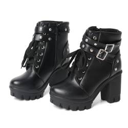 FOREADA Gothic-Stiefel mit klobigem Absatz für Damen, knöchelhoch, schwarz, Plateau-Stiefel, Schnalle, Nieten, Punk, Gothic, Schuhe mit Reißverschluss, Dicker Absatz, Schwarz, 42.5 EU von FOREADA