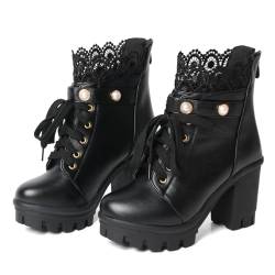 FOREADA Plateau-Stiefel für Damen, schwarz, grobe Stiefel, Gothic-Stiefeletten, Perlenspitze, Lolita, Kleid, Schuhe mit Reißverschluss, Chunky Black, 35.5 EU von FOREADA