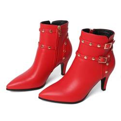 FOREADA Stiefel mit spitzem Zehenbereich, Kätzchen-Absatz, für Damen, schwarze Stiefeletten für Damen, Nieten, modische Schuhe, Spitz rot, 42 EU von FOREADA