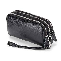 FORRICA Damen Geldbörse Echtleder Frauen Große Kapazität Clutch Portemonnaie Reißverschluss Gross Geldbörse Leichte Mobiltelefon Schlüssel Geldbörse mit Armband Schwarz von FORRICA