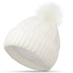 FORVEVO Mütze Damen Winter, Beanie Damen mit Fleece Gefüttert, Warme Wintermütze, Strickmützen mit Bommel für Outdoor Laufen Skifahren (Weiß) von FORVEVO