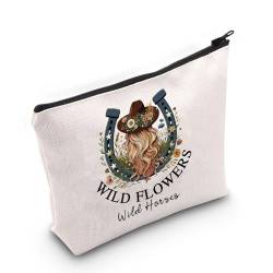 Kosmetiktasche mit Wildblumen, Wildpferden, Western-, Boho-Geschenk, Western-Cowgirl-Reißverschluss, Pferd, Rodeo-Geschenk, Wild Flowers UK 2, Make-up-Tasche von FOTAP