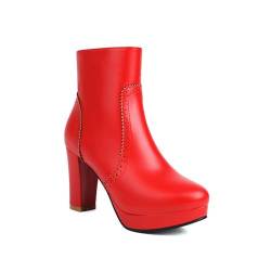 FQMAYPO Damen Ankle Boots Runder Zehe Sexy Chunky Heel Blockabsatz Seitlichem Reißverschluss Modische Stiefel Kleider Mittlere Wadenhöhe Hohe Absatzstiefel Partys Plattform Leder,Rot,38 EU von FQMAYPO