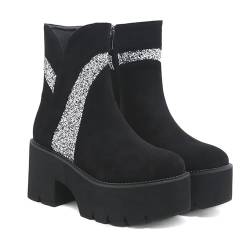 FQMAYPO Damen Chelsea Stiefeletten Mit Niedrigem Absatz Aus Wildleder Mit Reißverschluss Herbst Winter Booties Chunky Schwarze Plateauschuhe Runde Zehen Lederstiefel,Schwarz,37 EU von FQMAYPO