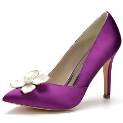 FQMAYPO Damen Geschlossen Spitze Brautschuhe Satin Pfennig Hoher Absatz Pumps Slip auf Hochzeit Blumen Perlen Kleid Schuhe Party Abend Sandalen,Dark Purple,38 EU von FQMAYPO