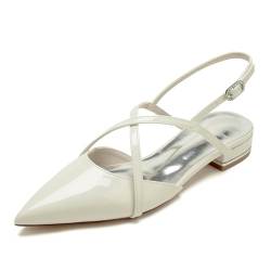 FQMAYPO Damen Hochzeit Flacher Absatz Slingback-Sandalen Kreuzknöchelriemen Lackleder Brautschuhe Abendparty Abschlussball Geschlossen Spitze Schuhe,Elfenbein,39 EU von FQMAYPO