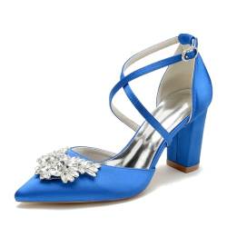 FQMAYPO Damen Hochzeit Geschlossen Spitze Spitze Satin Kreuz Riemen Brautschuhe Hohe Chunky Heel Kleid Pumps mit Strass Abend Party Block Heel Schuhe,Blau,43 EU von FQMAYPO