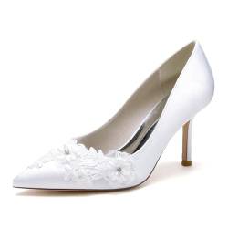 FQMAYPO Damen Hochzeit Kätzchen Mid Heel Slip auf Pumps Satin Brautschuhe mit Spitze Blumen Formelle Spitze Spitze Kleid Schuhe für die Braut,Weiß,42 EU von FQMAYPO