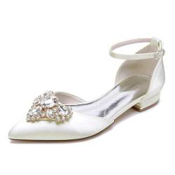 FQMAYPO Damen Hochzeit Knöchelriemen Flacher Absatz Satin Ballettkleid Schuhe Geschlossen Spitze Spitze Braut mit Strass Abend Party Sandalen,Elfenbein,37 EU von FQMAYPO