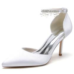 FQMAYPO Damen Hochzeit Knöchelriemen High Heel Satin Brautschuhe Geschlossene Spitze Spitze Brautkleid Schuhe Damen Kätzchenabsatz mit Perle Quaste Pumps,Weiß,38 EU von FQMAYPO