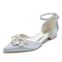 FQMAYPO Damen Hochzeit Knöchelriemen Kleid Schuhe Flacher Absatz Satin Braut mit Strass Abend Party Geschlossen Spitze Zehe Block Heels Sandalen Schuhe,Silber,40 EU von FQMAYPO