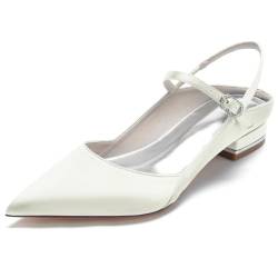 FQMAYPO Damen Hochzeit Knöchelriemen Satin Niedrige Absätze Spitze Slingback Brautsandalen Formell Komfort Flacher Absatz Abend Party Kleid Schuhe,Elfenbein,37 EU von FQMAYPO