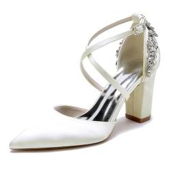 FQMAYPO Damen Hochzeit Kreuz Knöchelriemen Brautschuhe Geschlossene Spitze Spitze Satin Kleid mit Strass Pumps Abend Party Abschlussball High Block Heel Schuhe,Elfenbein,41 EU von FQMAYPO