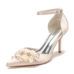 FQMAYPO Damen Hochzeit Satin High Heel Geschlossen Spitze Spitze Brautschuhe Knöchelriemen Pumps mit Blumen Strass Abend Party Abschlussball Kleid Schuhe,Champagne,37 EU von FQMAYPO