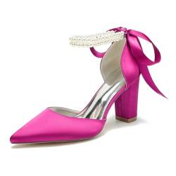 FQMAYPO Damen Hochzeit Schnürung Satin Braut Pumps mit Perle Geschlossen Spitz Zehen Kleid Schuhe Abend Party High Block Heel Schuhe,Fuchsia,41 EU von FQMAYPO