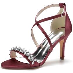 FQMAYPO Damen Hochzeit Strass Sandale mit Absatz Satin Kreuz Knöchelriemen Offene Spitze Brautschuhe Brautkleid mit hohem Blockabsatz Brautkleid Pumpe Sandalen,Burgundy,35 EU von FQMAYPO