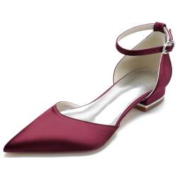 FQMAYPO Damen Knöchelriemen Hochzeitsschuhe Geschlossene Spitze Spitze Satin Brautschuhe Komfort Flacher Absatz Abend Party Ballettkleid Flacher Absatz Schuhe,Burgundy,40 EU von FQMAYPO