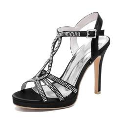 FQMAYPO Damen Sandalen Rundem Zehenbereich Peep Toe Plattform Hochzeitskleid Schuhe Slingback Satin Brautschuh Pump T-Strap Strasssteinen Stiletto-Absatz Partyschuhe,Schwarz,36 EU von FQMAYPO