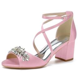 FQMAYPO Damen Satin Brautjungfer Schuhe Peep Toe Strass Kreuz Knöchel Riemen Mittel Chunky Blockabsatz Abend Party Brautkleid Schuhe,Rosa,38 EU von FQMAYPO