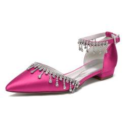 FQMAYPO Damen Satin Brautschuhe Mit Geschlossenem Spitzen Zehen Knöchelriemen Blockabsatz Niedrige Absatz Brautschuhe Mit Fransen Strasssteinen Abendparty-Schuhe,Fuchsia,41 EU von FQMAYPO