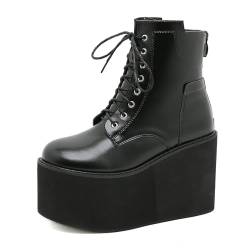 FQMAYPO Damen Stämmiger Absatz Schwarzes Plateau Goth Runde Zehenpartie Schnürung Dicke Absätze Seitlicher Reißverschluss Mittelhohe Stiefel Freizeitschuhe Kampfstiefel Punk,Schwarz,40 EU von FQMAYPO