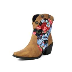 FQMAYPO Damen Western Stiefeletten Quadratischer Zehenpartie Gestickte Blumen Chunky Heel Cowboy Elastisch Winter Stiefeletten Zum Hineinschlüpfen Mid-Calf Boots Biker Boots,Gelb,43 EU von FQMAYPO