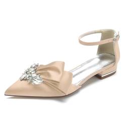 FQMAYPO Frauen Hochzeit Geschlossen Spitze Spitze Brautschuhe Knöchelriemenkleid Satin Niedrige Absätze mit Strass Party Abschlussball Flache Ferse Ballettschuhe,Champagne,42 EU von FQMAYPO