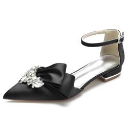 FQMAYPO Frauen Hochzeit Geschlossen Spitze Spitze Brautschuhe Knöchelriemenkleid Satin Niedrige Absätze mit Strass Party Abschlussball Flache Ferse Ballettschuhe,Schwarz,39 EU von FQMAYPO