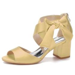 FQMAYPO Frauen Hochzeit Peep Toe Sandalen mit Absatz Hohe Stämmiger Blockabsatz Satin Schleife Braut Schuhe Kreuz Knöchel Riemen Arbeit Abend Party Kleid Schuhe,Gold,40 EU von FQMAYPO