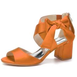 FQMAYPO Frauen Hochzeit Peep Toe Sandalen mit Absatz Hohe Stämmiger Blockabsatz Satin Schleife Braut Schuhe Kreuz Knöchel Riemen Arbeit Abend Party Kleid Schuhe,Orange,40 EU von FQMAYPO