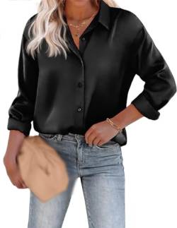 FRANCISUN Damen Satin-Seide Langarm Button Down Shirt Damen Bluse Satin Seide Hemden Button Down Shirts, Schwarz , Small von FRANCISUN