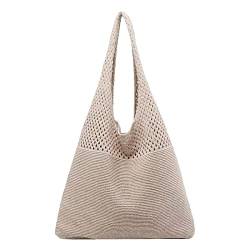 FRMUIC Strandtasche Tasche Damen Umhängetasche Groß Shopper Tasche Tote Bag Handtasche Sommer Boho Häkeltasche Schultertasche Beuteltasche Baumwolle für Reisen Einkaufen (Khaki, One Size) von FRMUIC