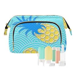 FRODOTGV Make-up-Tasche, Motiv: Ananas in Meereswellen, blau, Reise-Kulturbeutel, Damen, Reise, Reißverschluss, Münzgeldbörse, Ananas in Meereswellen, blau, 1 Size von FRODOTGV